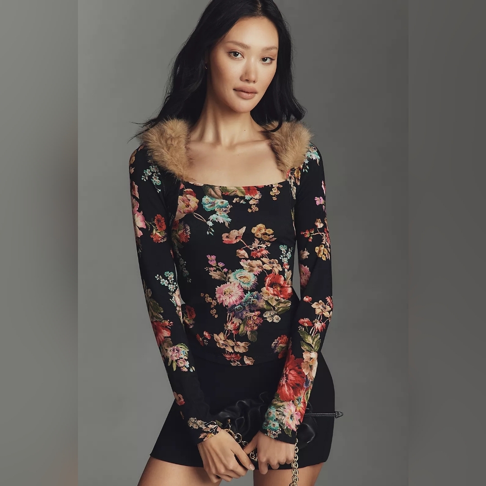 Maeve Faux Fur Shoulder Long-Sleeve Floral Top